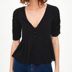 Zara Black V Neck Button Front Ruched Sleeved Top